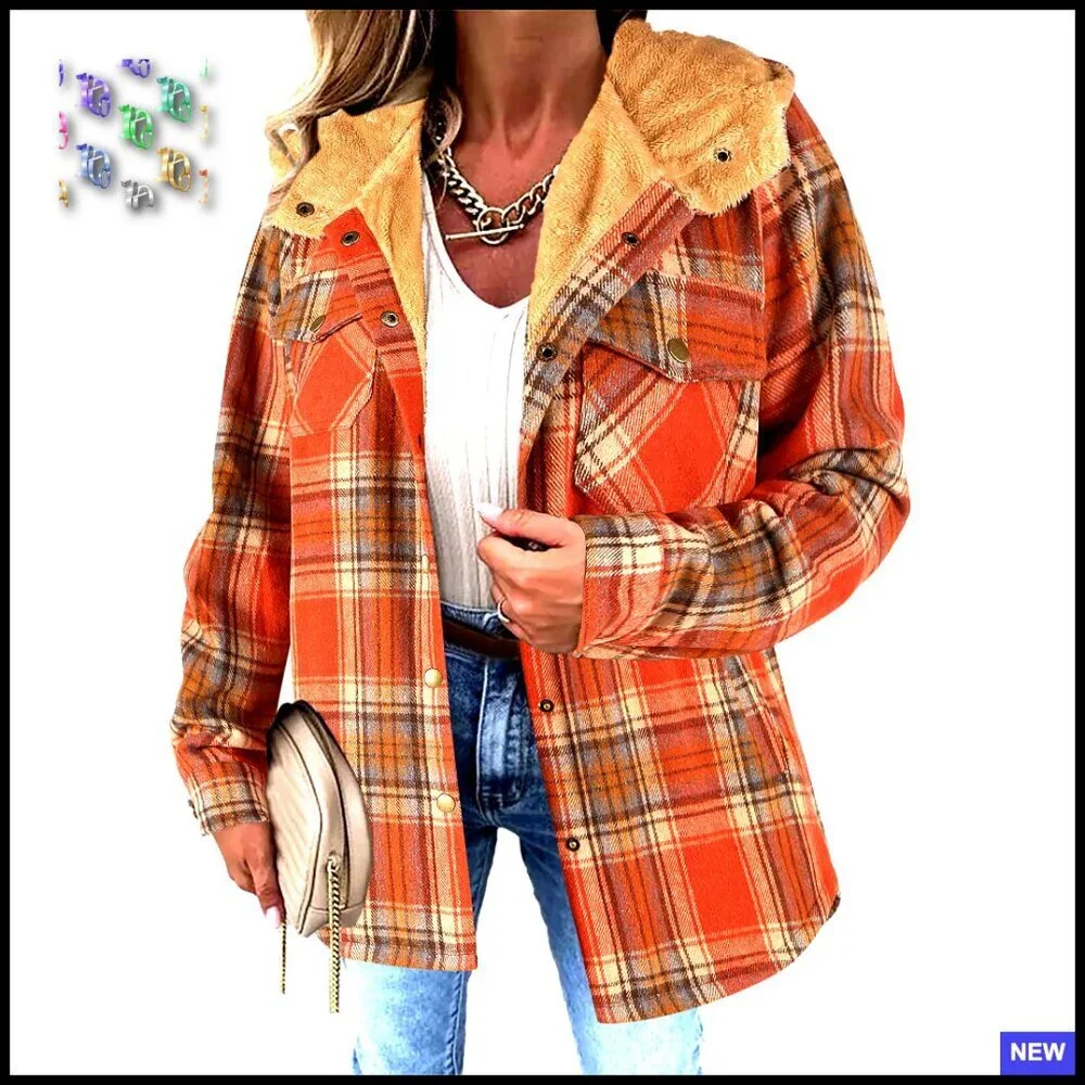 Plaid Sherpa Lined Shacket Jacket Oversized Fit Hooded Winter Warm Fleece - Picture 1 of 7